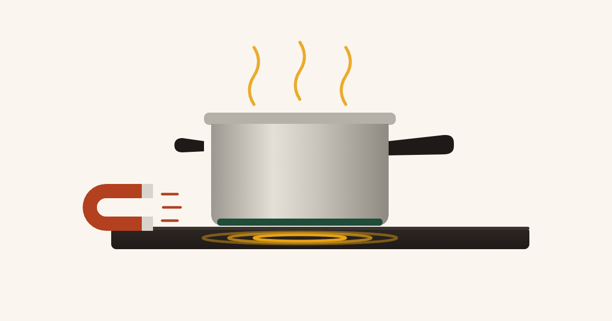 Como saber se a panela é de indução: ímã encostado no fundo de uma panela de inox sobre o cooktop