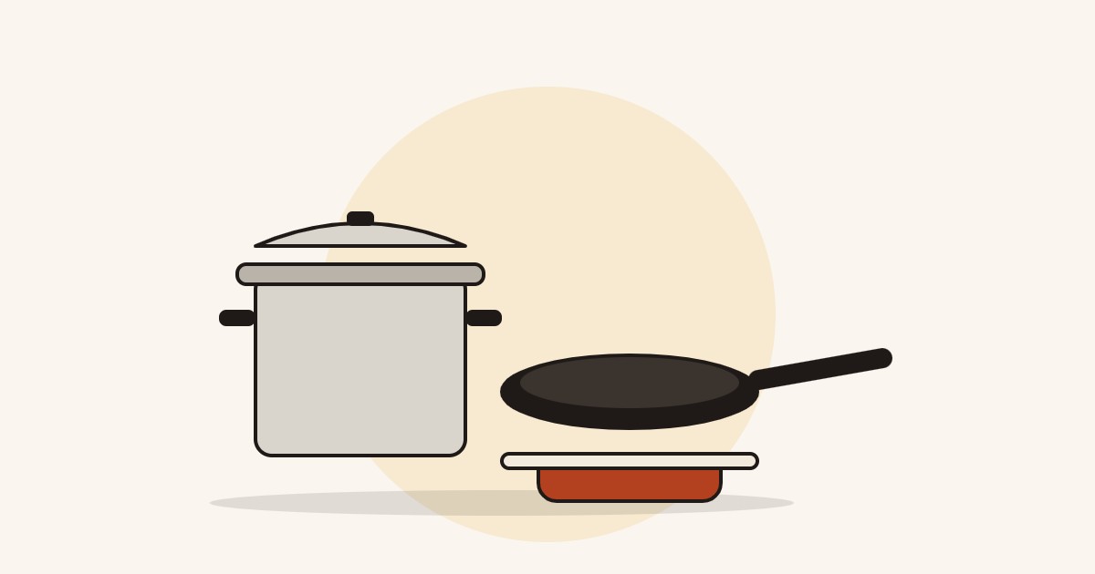 Qual a melhor panela para a saúde: ilustração de panela de inox, frigideira de ferro e panela com revestimento